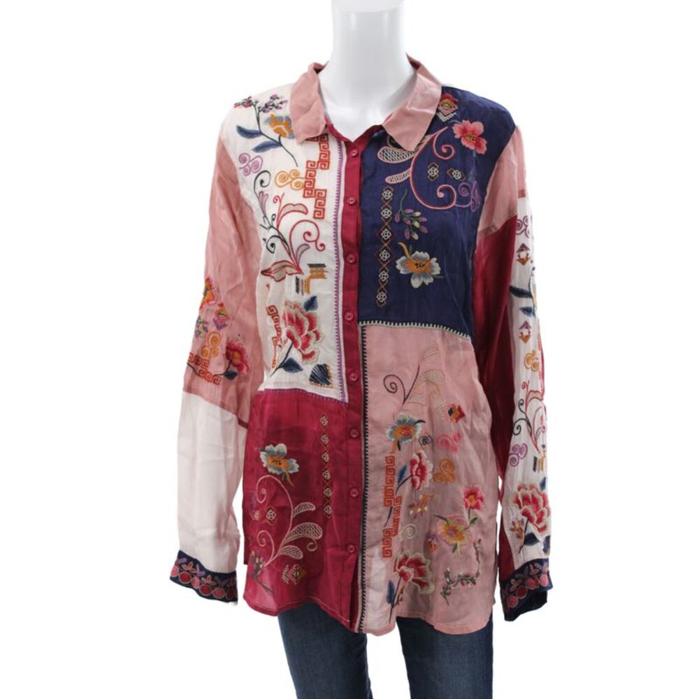 Johnny Was Women Tunic Blouse Multicolor Colorblock Longsleeve Size XL